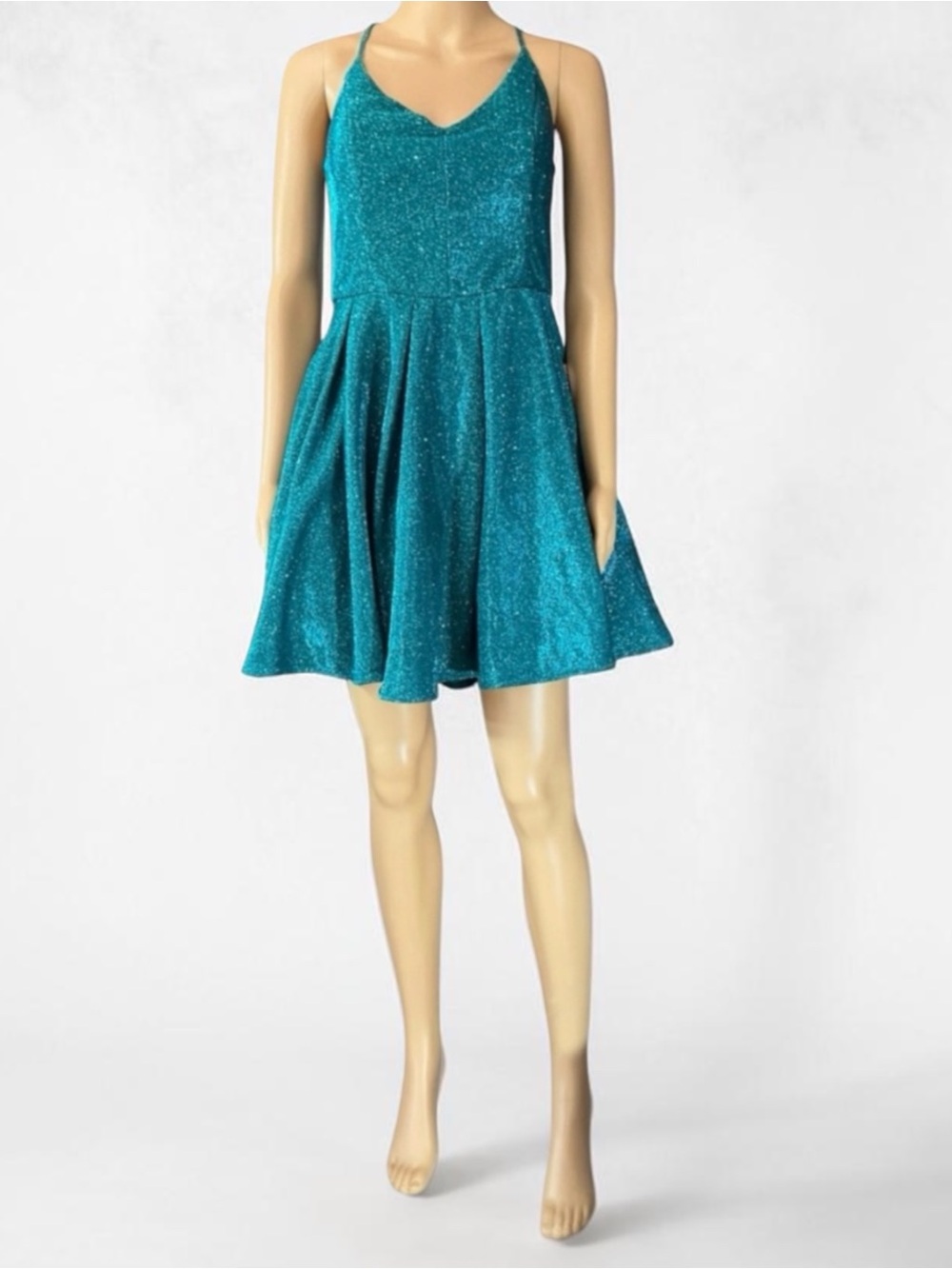 Blue Turquoise Pleated Zippered Open Back Glitter Short Fit & Flare Dress